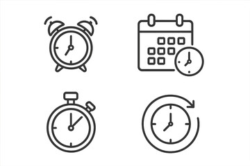 Fototapete - Time management icons set. Alarm clock calendar stopwatch timer. Flat linear outline vector graphics for web applications UI interface design. Editable stroke symbols
