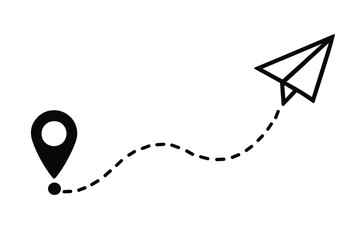 Poster - Paper airplane flight path icon with location pin. Travel route concept with start point and dashed line trace. Journey, destination, and navigation icon for tourism. Message sent symbol.