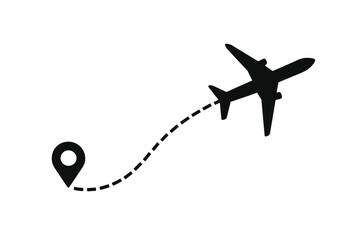 Poster - Airplane flight path with location pin. Dotted line route. Travel and journey concept. Aircraft flying to destination point. Tourism and vacation icon. Vector silhouette.