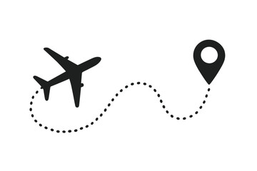 Poster - Airplane flight path with start and destination points. Aircraft route on a dotted line. Travel and tourism concept. Journey or vacation trip icon. Navigation pin.