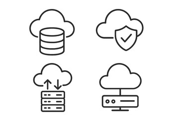 Poster - Cloud computing storage security icons set. Linear outline database server protection data transmission technology symbols collection vector illustration