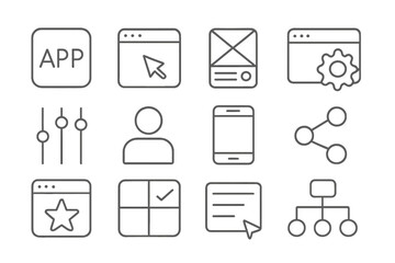 Fototapete - User interface line icons set. UI UX design elements. Web application mobile app symbols. Settings profile share star document phone browser. Linear minimal vector collection