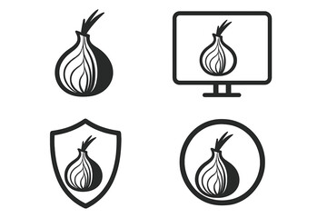 Fototapete - Onion privacy security technology web icons set outline linear style. Computer screen shield circle symbols. Anonymous network browser concept vector graphics collection