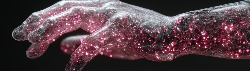 Poster - A digital wireframe hand composed of interconnected nodes and lines glows with pink light, symbolizing technology and futuristic design, AI-connected mesh embedded in transparent gloves