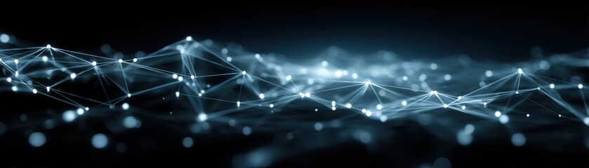 Poster - A digital network visualization illustrating interconnected nodes and links on a dark background, symbolizing data flow and communication, AI-driven security web with neon-lit intersections 