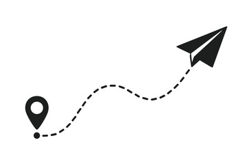 Poster - Flight path paper airplane dotted line travel route location pin journey navigation vector illustration minimalist design tracking concept waypoint