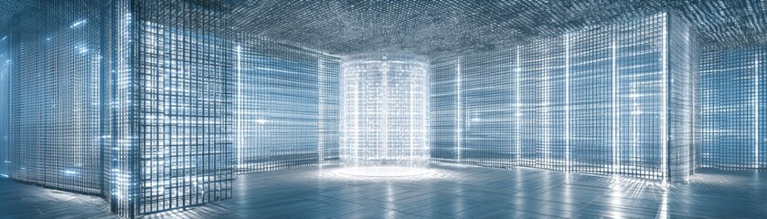Poster - A futuristic room illuminated by a grid of bright white and blue LED lights, creating an immersive digital environment with geometric patterns, Crystal-clear AI mesh curtain