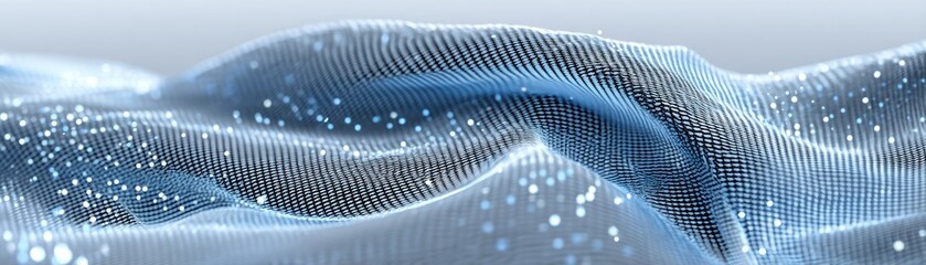 Poster - Abstract digital waves composed of glowing blue and white dots create a smooth, flowing, futuristic landscape on a light background, Crystal-clear AI mesh curtain