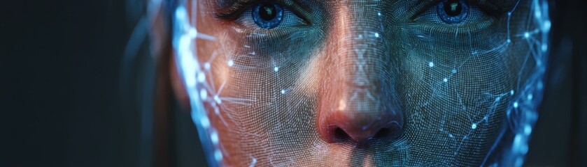 Poster - Close-up of a human face with digital network lines and nodes overlay, symbolizing AI, facial recognition, and advanced technology integration, Curved walls of clear AI mesh with blinking nodes