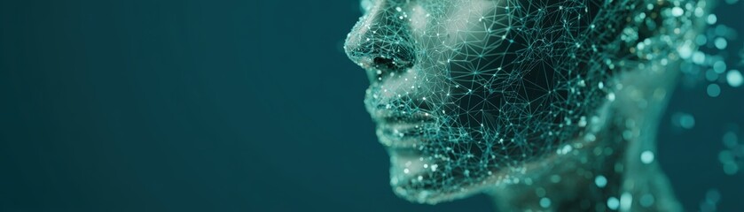 Poster - A digital wireframe of a human face with glowing nodes and connecting lines, symbolizing technology and artificial intelligence, Curved walls of clear AI mesh with blinking nodes
