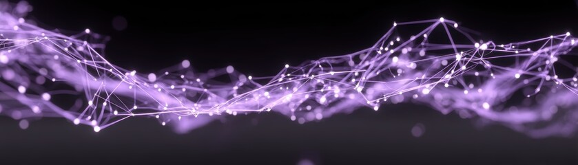 Poster - Abstract purple network of interconnected nodes and lines, symbolizing digital connections and data flow on a dark background, Elastic security mesh made of light fibers glowing 