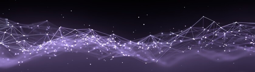 Poster - Abstract purple digital network with interconnected nodes and lines forming a wave-like structure on a dark background, Elastic security mesh made of light fibers glowing 