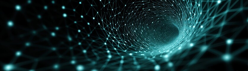 Poster - A glowing blue digital tunnel made of interconnected lines and nodes, representing data flow and futuristic technology, Elastic semi-holographic AI net pulsing