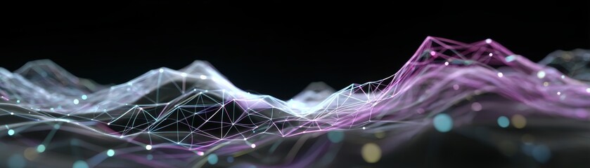 Poster - Abstract digital landscape of interconnected lines and glowing nodes forming mountain-like wireframe shapes against a dark background, Elastic semi-holographic AI net pulsing
