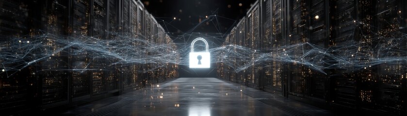 Poster - A glowing padlock icon symbolizes cybersecurity amidst server racks with digital connection lines representing data protection and network security, Flexible mesh security grid with translucent strand