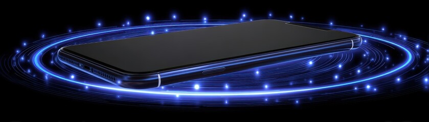 Poster - A sleek smartphone is surrounded by glowing blue digital rings, symbolizing advanced technology and connectivity, Flex-mesh AI field glowing around a mobile terminal