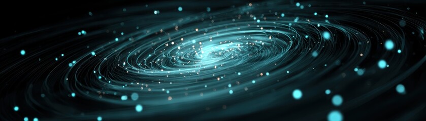 Poster - A digital visualization of a glowing spiral galaxy with swirling light particles on a dark background, evoking a cosmic and futuristic atmosphere, Flex-mesh AI field glowing around a mobile terminal