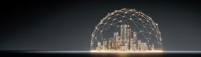 Poster - A glowing wireframe dome encases a futuristic cityscape of illuminated skyscrapers on a reflective surface against a dark background, Floating AI mesh dome