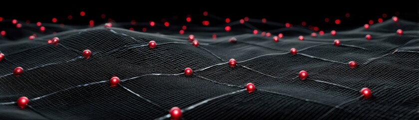 Poster - A black mesh-like surface with red spheres scattered across, creating a futuristic and abstract digital landscape, Grid-like transparent mesh over an entryway nodes