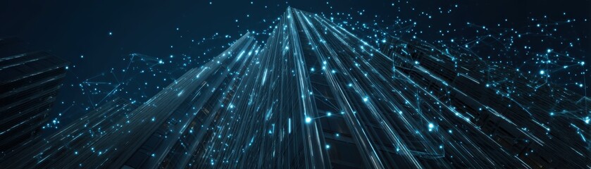 Poster - A futuristic cityscape at night with glowing digital lines and particles creating a high-tech, cybernetic atmosphere, High-rise exterior coated in AI mesh