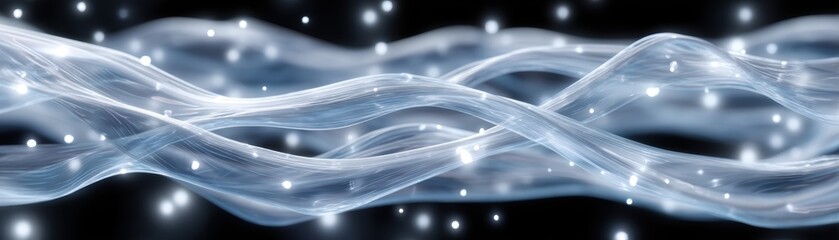 Poster - Abstract digital waves flow smoothly with glowing particles, creating a futuristic and dynamic visual effect on a dark background, Pulsating security web made of transparent fibers