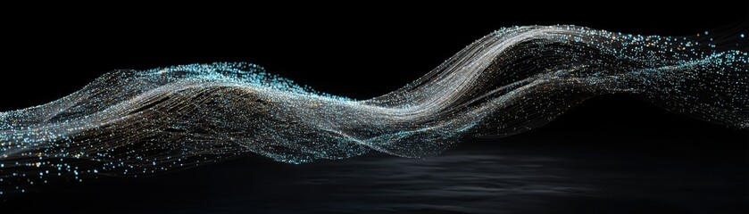 Poster - Abstract digital wave made of glowing particles flows smoothly over a dark background, illustrating motion, data, and futuristic technology concepts, Pulsating security web made of transparent fibers