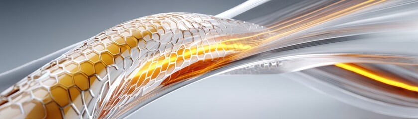 Poster - A futuristic, abstract digital design featuring a flowing, transparent tube with hexagonal patterns and glowing orange light streaks, Semi-transparent AI mesh woven