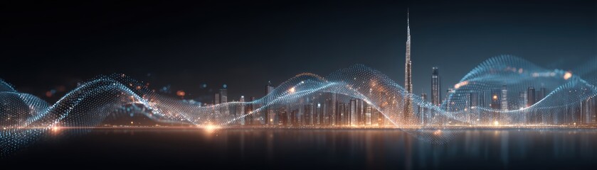 Poster - A futuristic city skyline at night with digital waveforms and glowing lights representing data flow and technology integration, Transparent AI security mesh