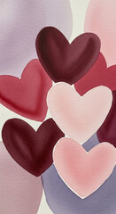 Poster - Abstract watercolor painting of overlapping hearts in pink, red, and burgundy hues, symbolizing love and Valentine's Day, ideal for romantic themed designs