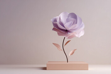 Poster - 3D minimalist paper flower slowly opening on a blank platform emotional metaphor for self growth renewal and emotional expression