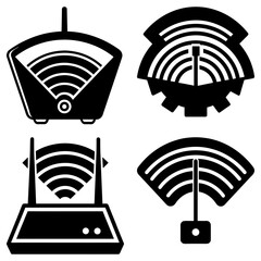 Poster - Illustration showing four different wifi router designs in black and white silhouette style icons set up together