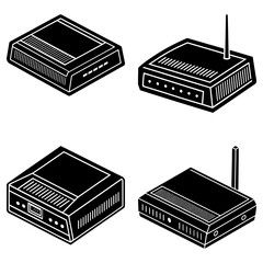 Poster - Four isometric black and white routers with various designs and antenna configurations in a grid layout