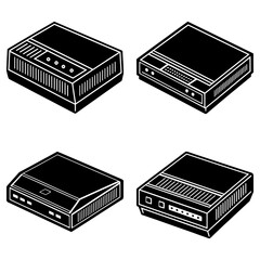 Poster - Illustration of four isometric black and white network routers with varied designs and details shown