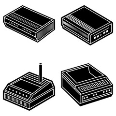 Poster - Isometric illustration of four different black and white electronic devices in a square arrangement