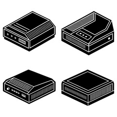 Poster - Isometric illustration showing four different styles of set top boxes in black and white color scheme