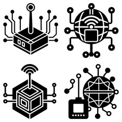 Poster - Illustration of four different black and white network and connection themed vector icons set together