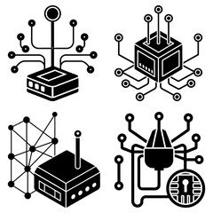 Poster - Four black and white network device icons with connected lines and circles in a square arrangement