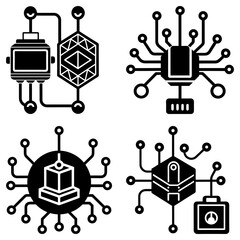 Poster - Illustration of four distinct black and white abstract technology themed icons on a white background