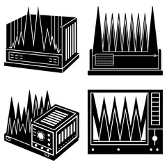 Poster - Illustration of four electronic devices with triangular spikes in a black and white design style