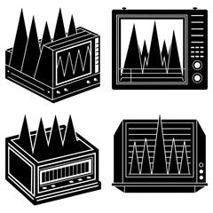 Poster - Illustration of four black and white devices with screens displaying triangular wave patterns and spikes