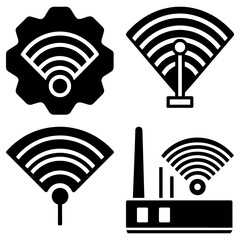 Poster - Illustration of various wifi signal icons including gear antenna and router design elements for networking use