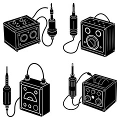 Poster - Illustration showing four different black and white devices with wires and plugs connected to them