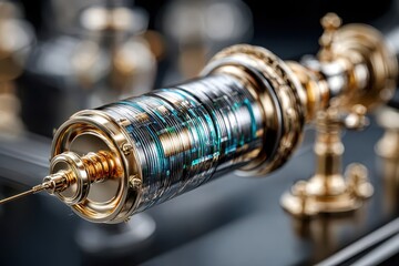 Poster - Ingenious steampunk device showcasing intricate design and craftsmanship in a workshop setting