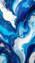 Poster - Captivating abstract of swirling sapphire, cerulean, and pearl paint flows, creating a mesmerizing display of liquid art, texture and motion on canvas.