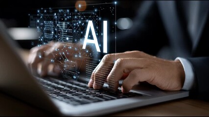 Poster - A man is typing on a laptop with the word AI on the screen