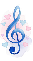 Aufkleber - Blue treble clef on watercolor heart background, symbolizing music, love, and Valentine's Day, ideal for romantic or musical designs