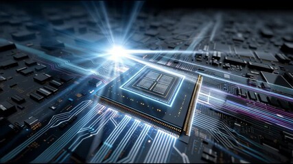 Poster - A computer chip is shown in a bright light, with the light shining on the chip