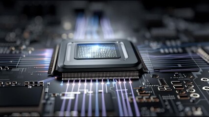 Poster - A computer chip is shown in a close up