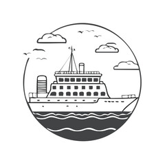 Poster - Stylized line art of a passenger ferry sailing on wavy ocean waters under a cloudy sky with flying birds