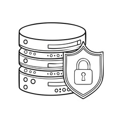 Poster - Line art icon of a secure database with a protective shield and padlock for cybersecurity concepts